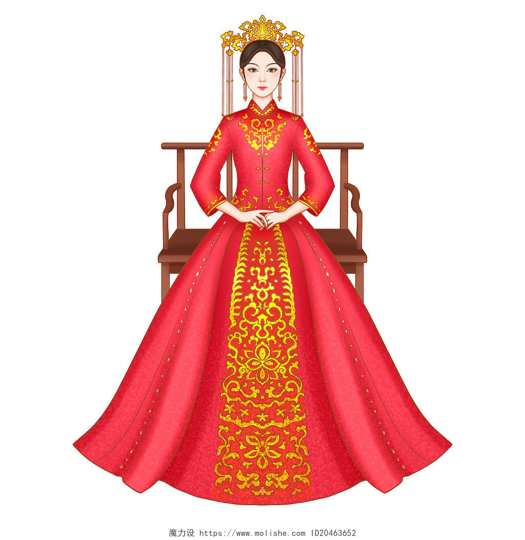 手绘卡通人物中式新娘原创插画素材婚礼元素